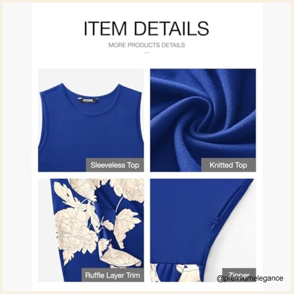 Sleeveless Midi Dress Crewneck Patchwork Boho Floral Ruffle A-Line Summer - Picture 6 of 7